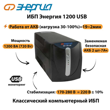 Энергия ИБП 1200 USB - ИБП и АКБ - ИБП для компьютера - магазин электрооборудования amperomvolt.ru